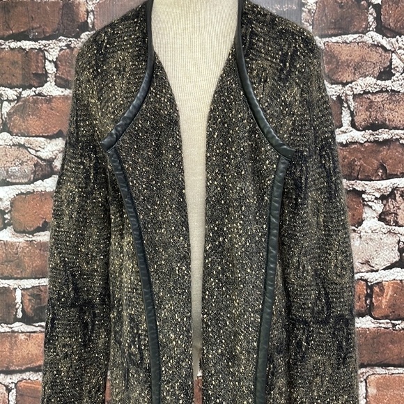Eileen Fisher Sweater Cardigan Brown Leather Trim Gold Mohair Size Large - Picture 4 of 12